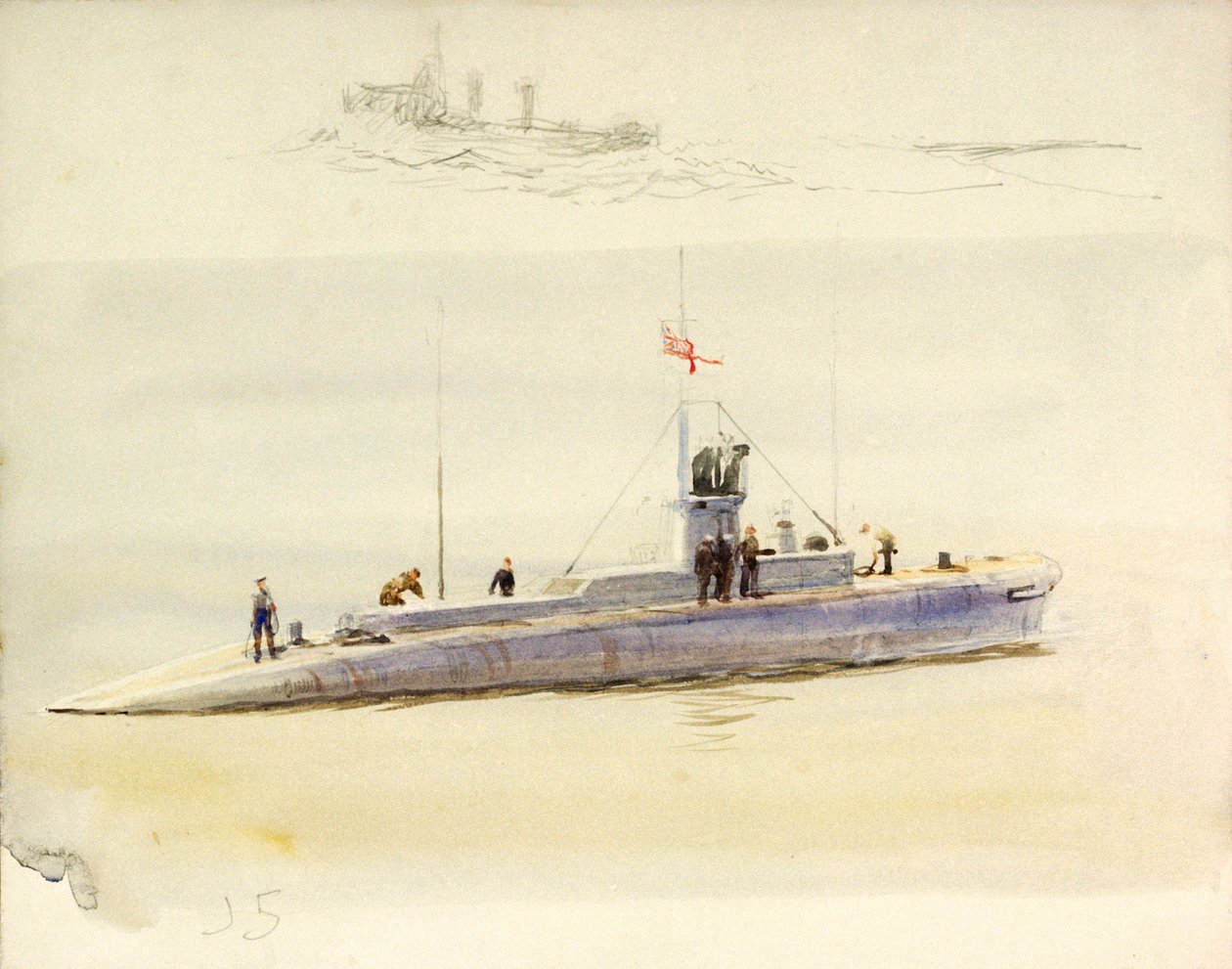 Sukellusvene J.5 ja karkea luonnos toisesta taistelualuksesta, 1900-luvun alku (akvarelli, grafiitti). tekijältä William Lionel Wyllie