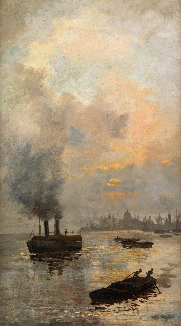 Auringonlasku Thamesilla (öljy kankaalle) tekijältä William Lionel Wyllie