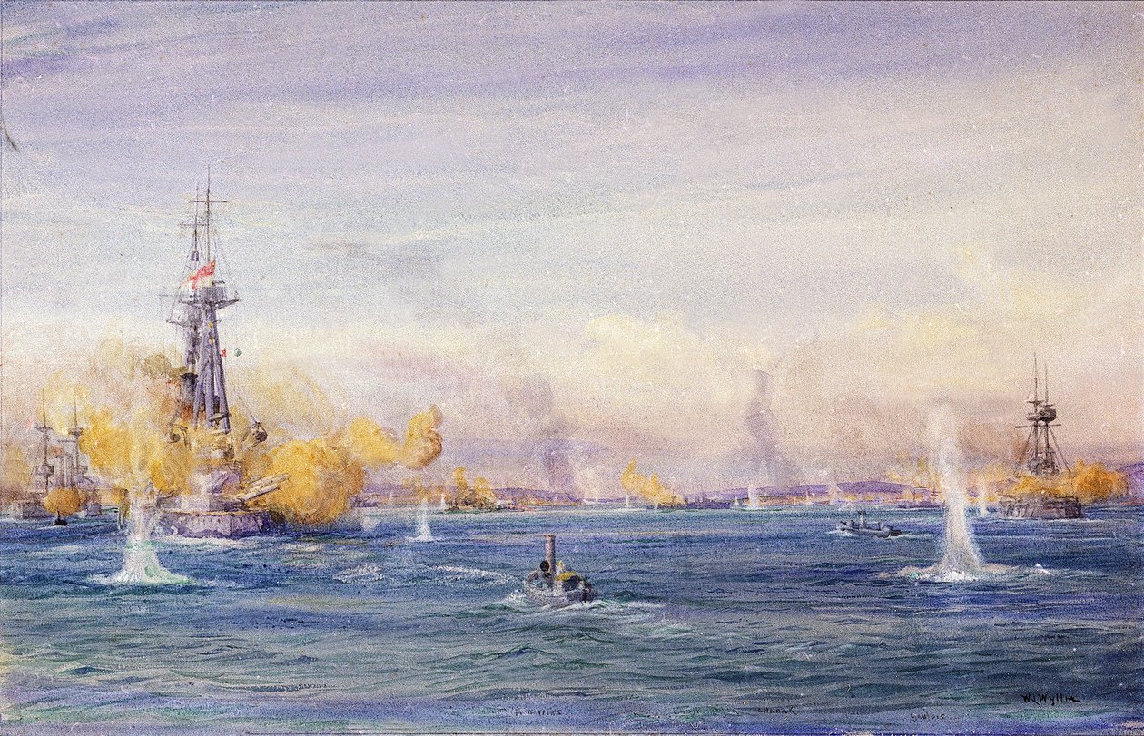 Dardanellien taistelu (1915) (Turkki) Gallipolin kampanjan aikana Marmaranmerellä. William Lionel Wyllien (1851-1931) akvarelli, noin 1915. tekijältä William Lionel Wyllie
