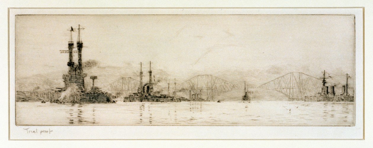 Yhdysvaltain taistelulaivat "New York" ja "Texas" Rosythin edustalla, noin 1918 (etsaus, grafiitilla käsitelty). tekijältä William Lionel Wyllie