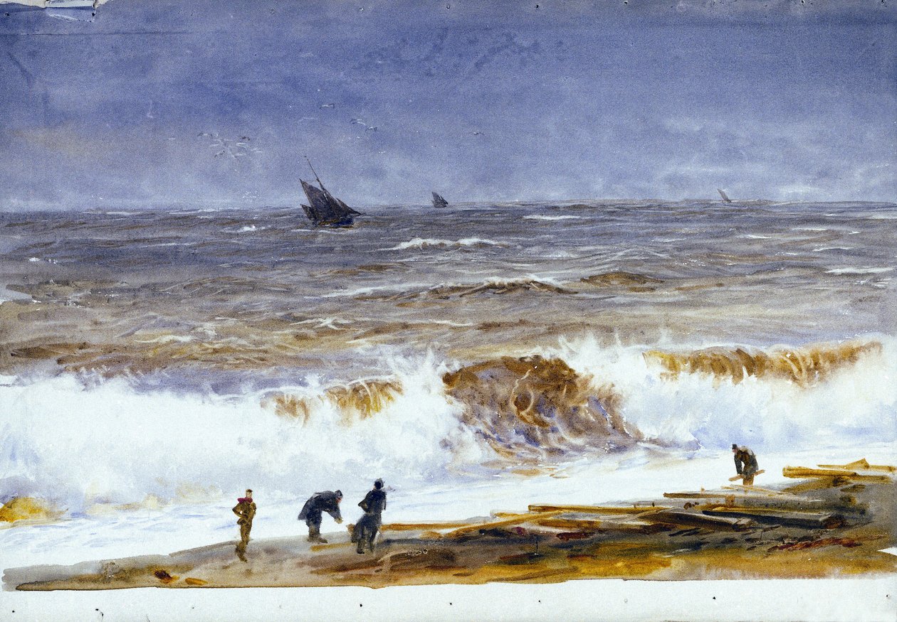 Berck-sur-Merin (Berck-sur-Mer) ranta (Ranska), jossa on myrskyisä meri ja rannalla olevia hahmoja. William Lionel Wyllien (1851-1931) akvarelli vuoden 1890 jälkeen. tekijältä William Lionel Wyllie