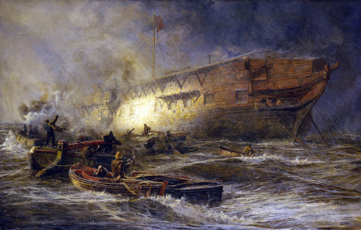 Fregatti "Leonidas" ankkuroituu Upnorin lähelle Medwaylle (Englanti) ja manööveröi myrskyä ja aurinkoa vastaan. Öljy kankaalle tekijältä William Lionel Wyllie