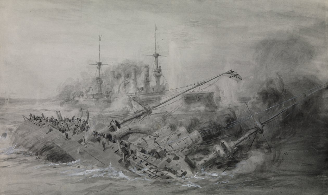 Scharnhorstin ja Gneisenaun viimeinen laiva; Falklandinsaarten taistelu, 8. joulukuuta 1914, noin klo 16.15, n. 1915-18 (pesu, harmaa, valkoisella korotettu). tekijältä William Lionel Wyllie