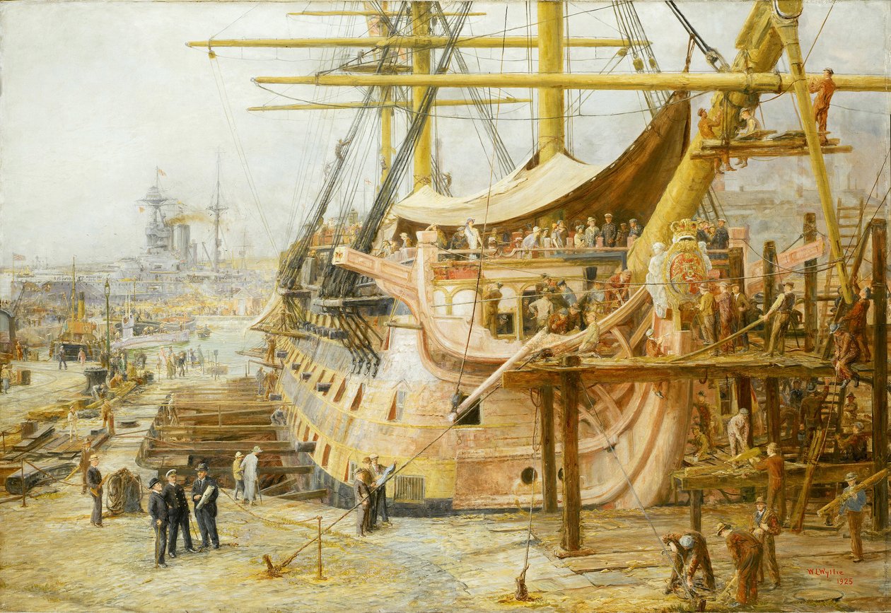 HMS "Victory" -aluksen kunnostaminen Portsmouthin satama-altaassa (Englanti). Trafalgarin voitosta (1805) peräisin olevan aluksen pelastamiseksi käynnistettiin suuri kansallinen rahoitusoperaatio, ja alus palautettiin veteen huhtikuussa 1925. tekijältä William Lionel Wyllie