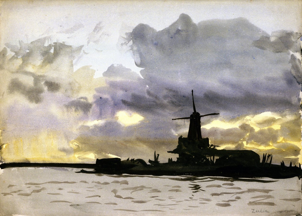 Tuulimylly Zaandamissa, Amsterdamin pohjoispuolella (Alankomaat). Akvarelli tekijältä William Lionel Wyllie