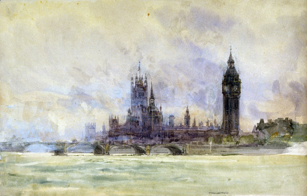 Westminsterin silta, parlamentti ja Big Ben Lontoossa (Englanti). William Lionel Wyllie (1851-1931), akvarelli, 1800-luvun loppu, 1900-luvun alku. tekijältä William Lionel Wyllie