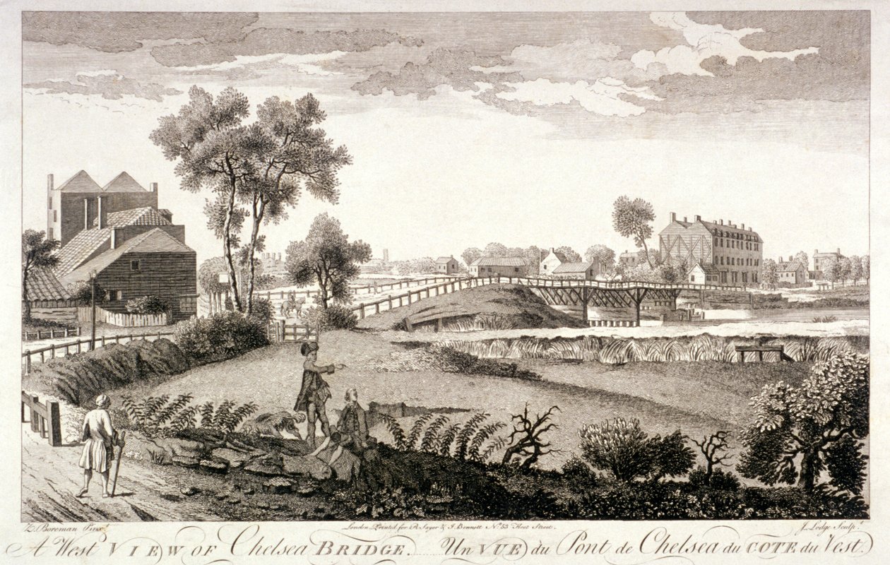 Länsinäkymä Chelsea Bridgestä, Lontoo, c1760 tekijältä William Lodge