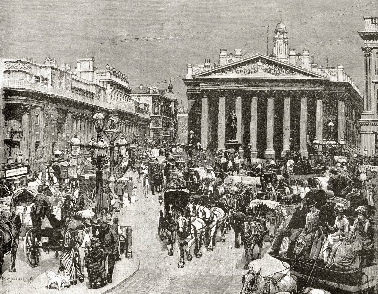 Englannin keskuspankki ja kuninkaallinen pörssi 1800-luvulla, pastori Richard Lovettin teoksesta "London Pictures: Drawn with Pen and Pencil", julkaistu 1890 tekijältä William Logsdail