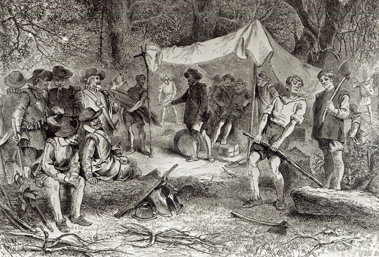 Ensimmäinen päivä Jamestownissa, 14. toukokuuta 1607, Augustus L. Masonin teoksesta The Romance and Tragedy of Pioneer Life, 1883 (kaiverrus) (bundw-kuva) tekijältä William Ludlow Sheppard