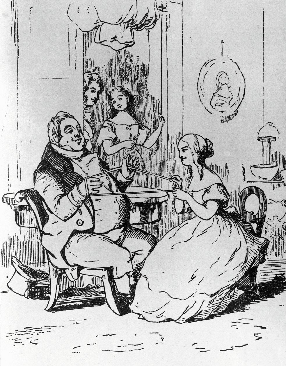 Becky Sharpin kietoutunut herra Joseph Sedley, kuvitus Vanity Fairin ensimmäiselle luvulle, William Makepeace Thackerayn (1811-1863) romaani, kaiverrus William Makepeace Thackerayn (1811-1863) piirtämänä, julkaistu Chicagossa vuonna 1882. tekijältä William Makepeace Thackeray