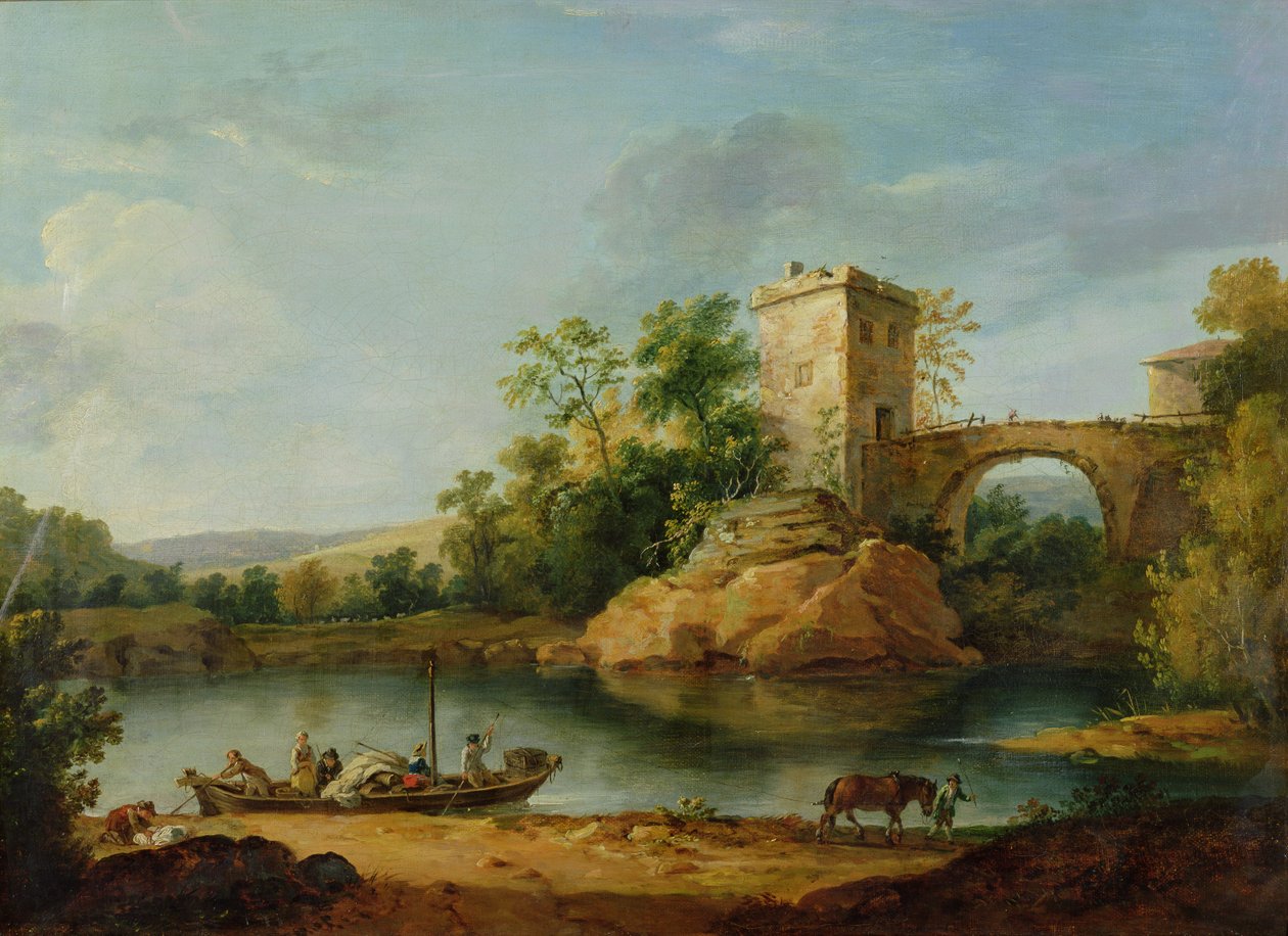 Metsäinen italialainen jokimaisema talonpoikien kanssa proomussa ja sillan takana, n. 1770 (akvarelli) tekijältä William Marlow