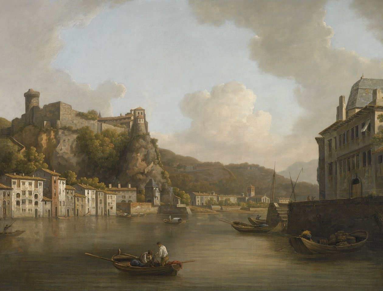 French: Une vue du château de Pierre-Scize à Lyon Näkymä Pierre Encisen linnaan Rhônen varrella Lyonissa. tekijältä William Marlow