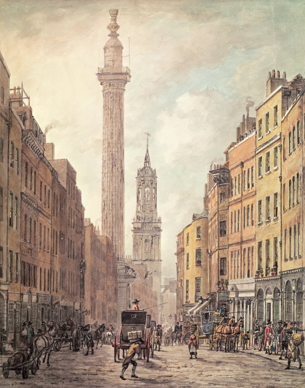 Näkymä Fish Street Hillille, Monumentille ja St. Magnus the Martyr from Gracechurch Street, Lontoo, 1795 (käsinvärinen kaiverrus) tekijältä William Marlow