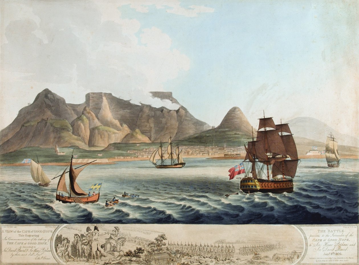 Näkymä Hyväntoivon niemeltä... Taistelu ennen antautumista...8. tammikuuta 1806 (värillinen akvatinta) tekijältä William Marshall Craig