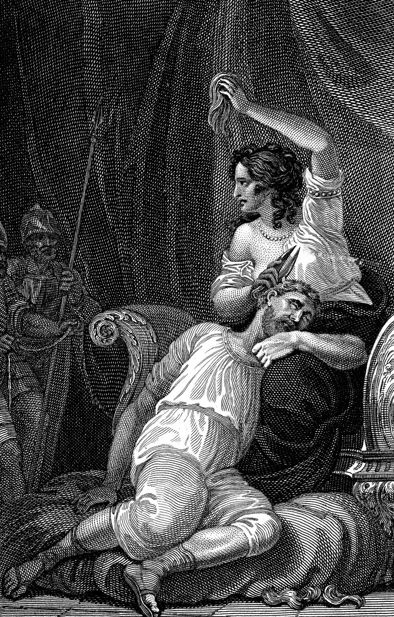 Delilah leikkasi Samsonin hiuksia ja vei näin hänen voimansa, 1820 tekijältä William Marshall Craig