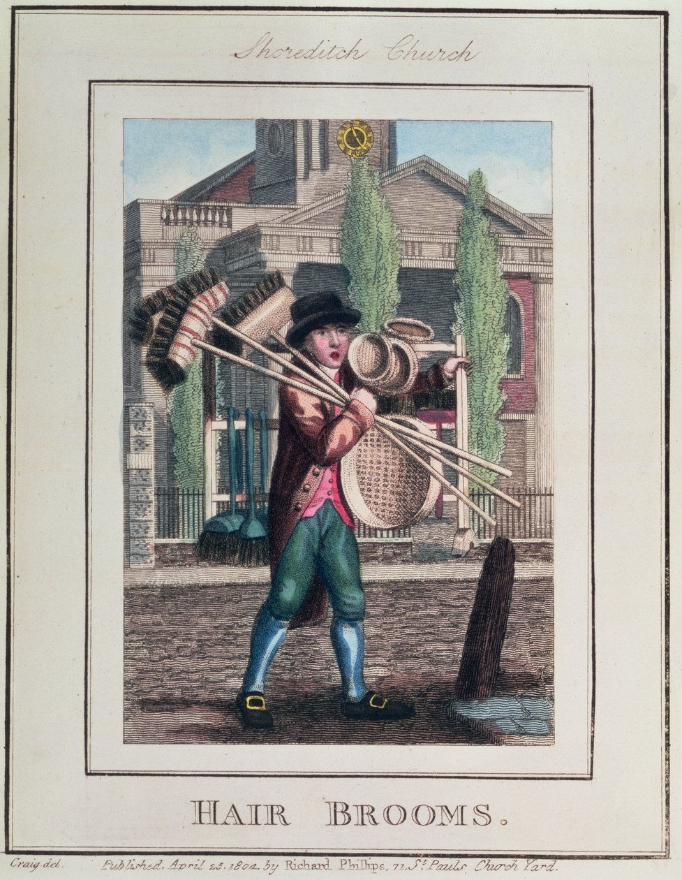 Hair Brooms, Shoreditch Church, "Cries of London", pubi. kirjoittanut Richard Phillips (1778-1851) 1804 tekijältä William Marshall Craig