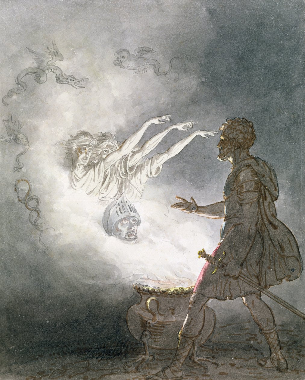 Macbeth ja aseistetun pään ilmestyminen, näytös IV, kohtaus I, elokuvasta "Macbeth", William Shakespeare (1564-1616) n. 1820 (wc, pesu, kynä ja muste paperille) tekijältä William Marshall Craig