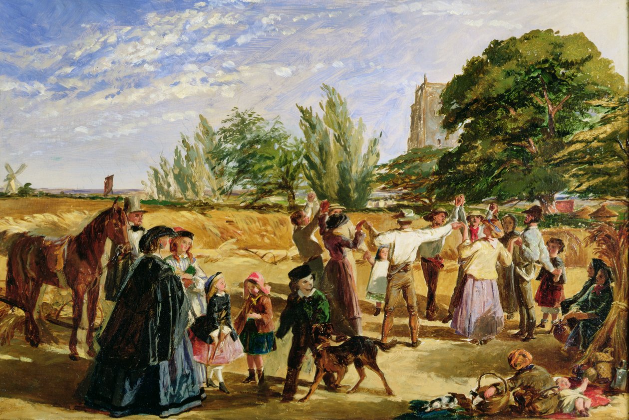 Sadonkorjuukohtaus Norfolkissa: sketsi "Hello Largesse", 1861 tekijältä William Maw Egley