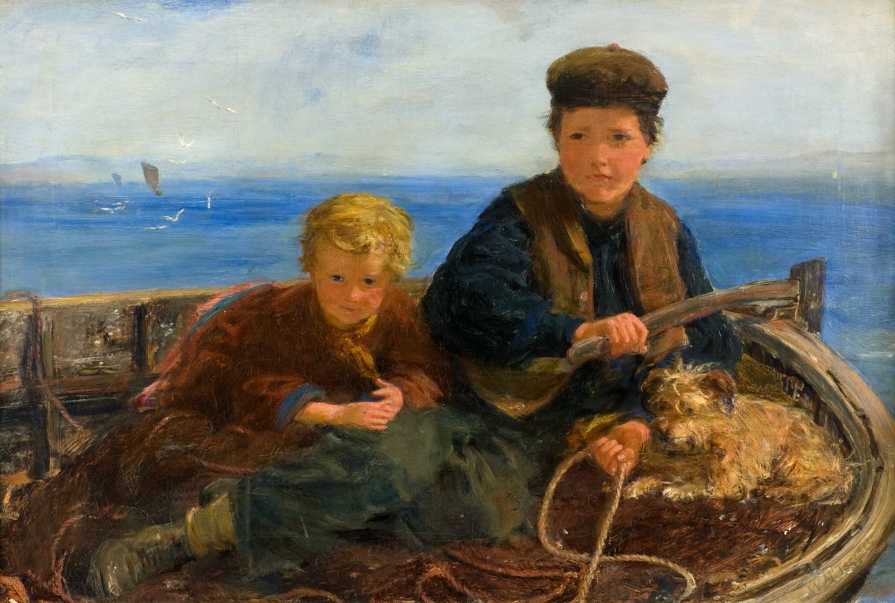 Kaksi poikaa ja koira veneessä, n. 1871 (öljy kankaalle) tekijältä William McTaggart