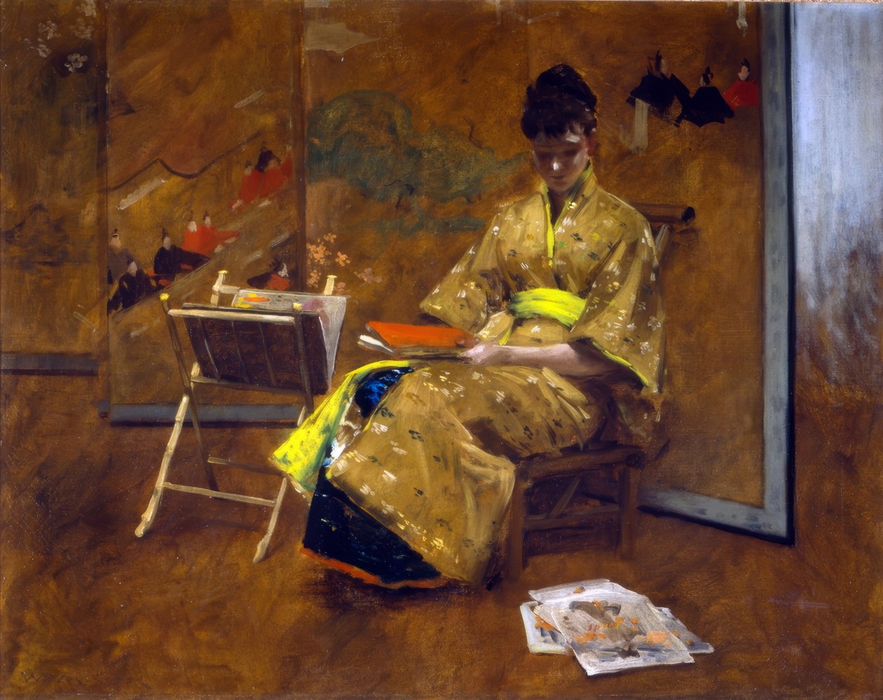Tyttö japanilaisessa mekossa. Kimono n. 1887. tekijältä William Merritt Chase