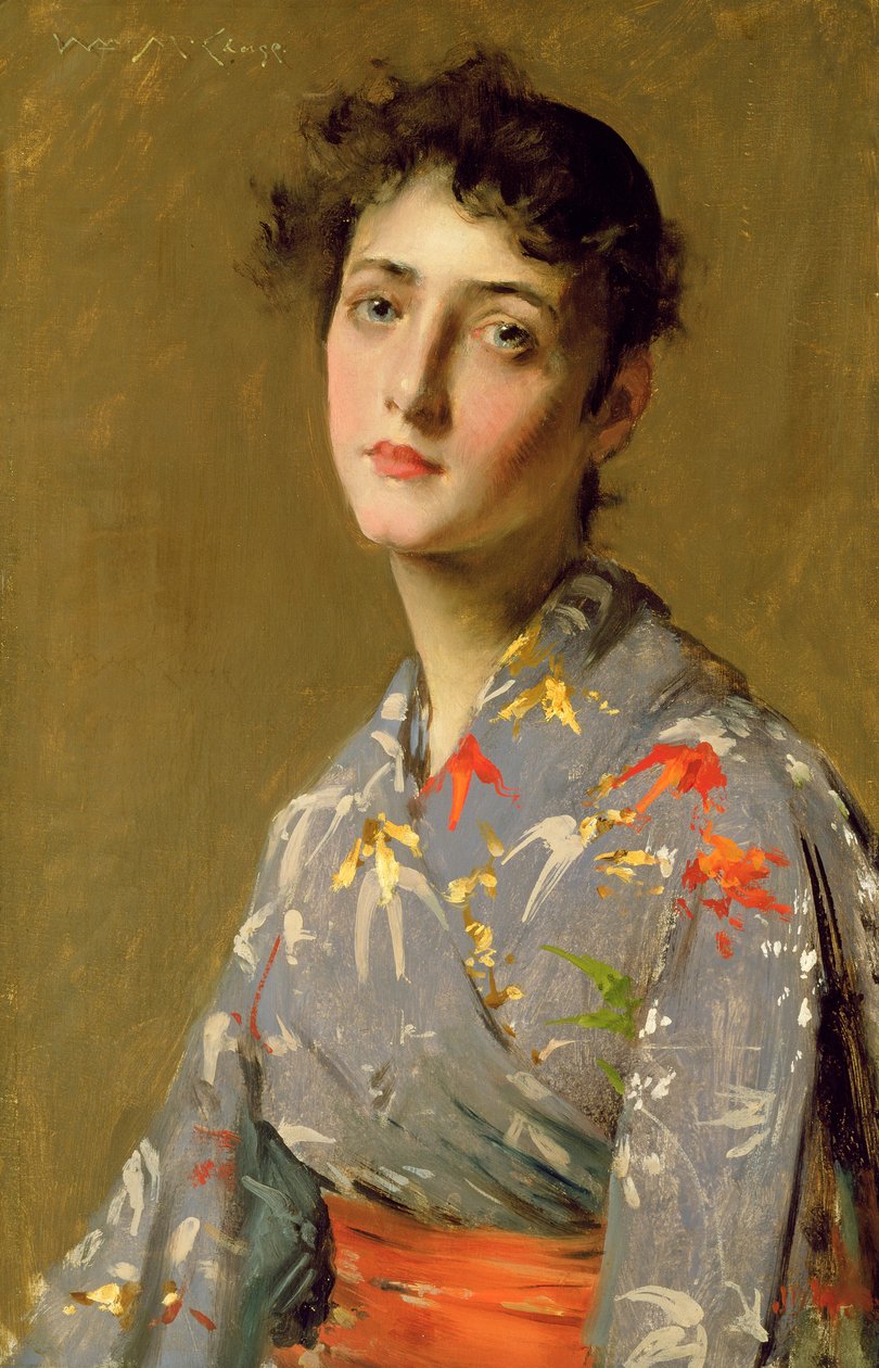 Tyttö japanilaisessa asussa, n. 1888 (öljy kankaalle) tekijältä William Merritt Chase