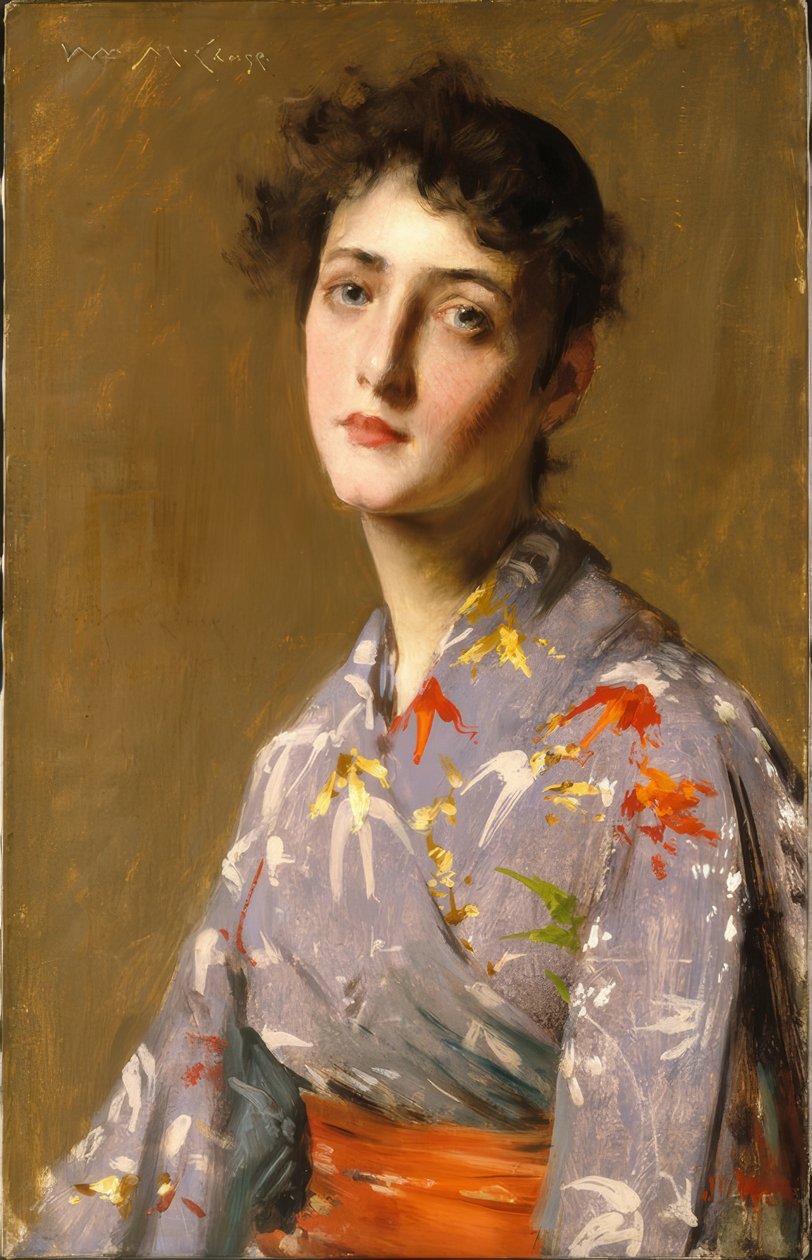 Tyttö japanilaisessa asussa tekijältä William Merritt Chase