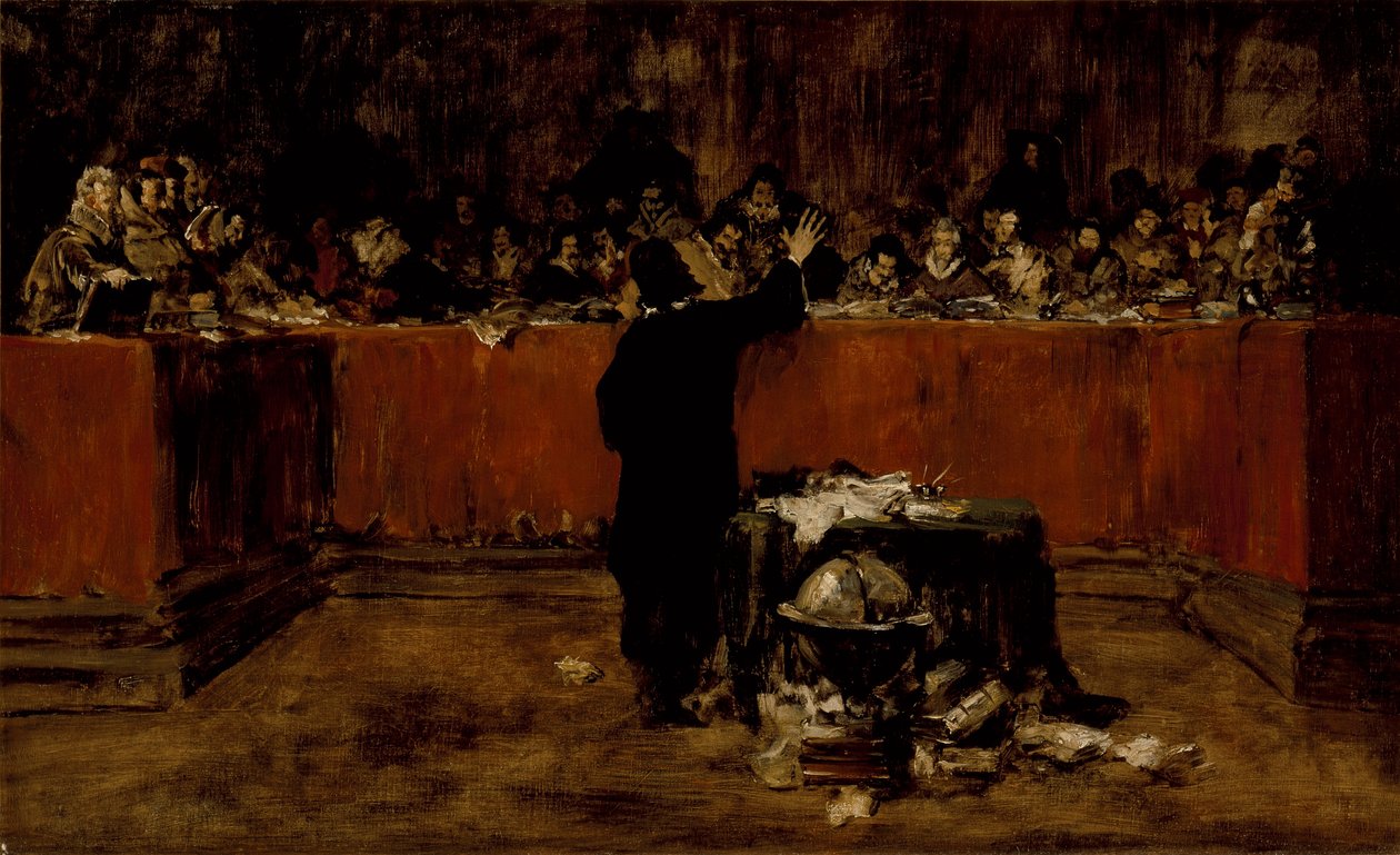 Luonnos maalausta varten - Kolumbus Salamancan neuvoston edessä (B) (Kristoffer Kolumbus Espanjan neuvoston edessä) tekijältä William Merritt Chase