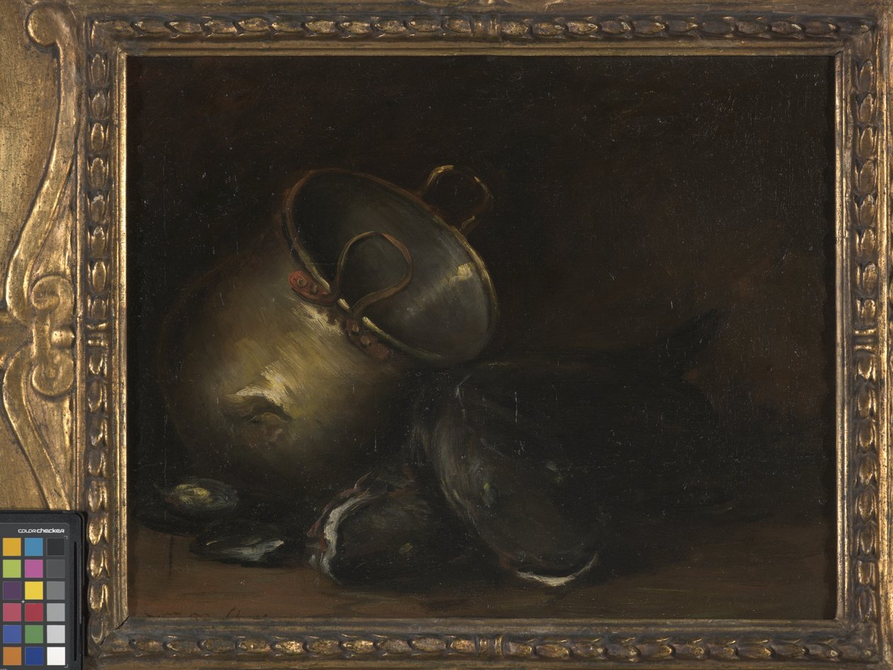 Asetelma - Messinki vedenkeitin ja monni (öljy kankaalle) tekijältä William Merritt Chase