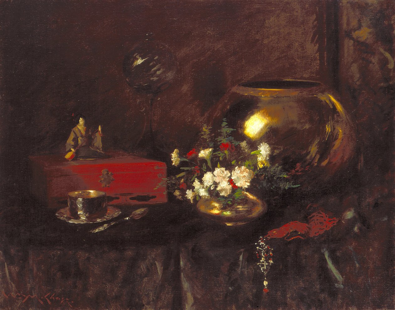 Natureza morta: tigela de latão (óleo sobre tela) finlandês tekijältä William Merritt Chase