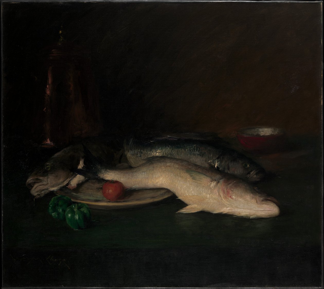 Asetelma: kaloja tekijältä William Merritt Chase
