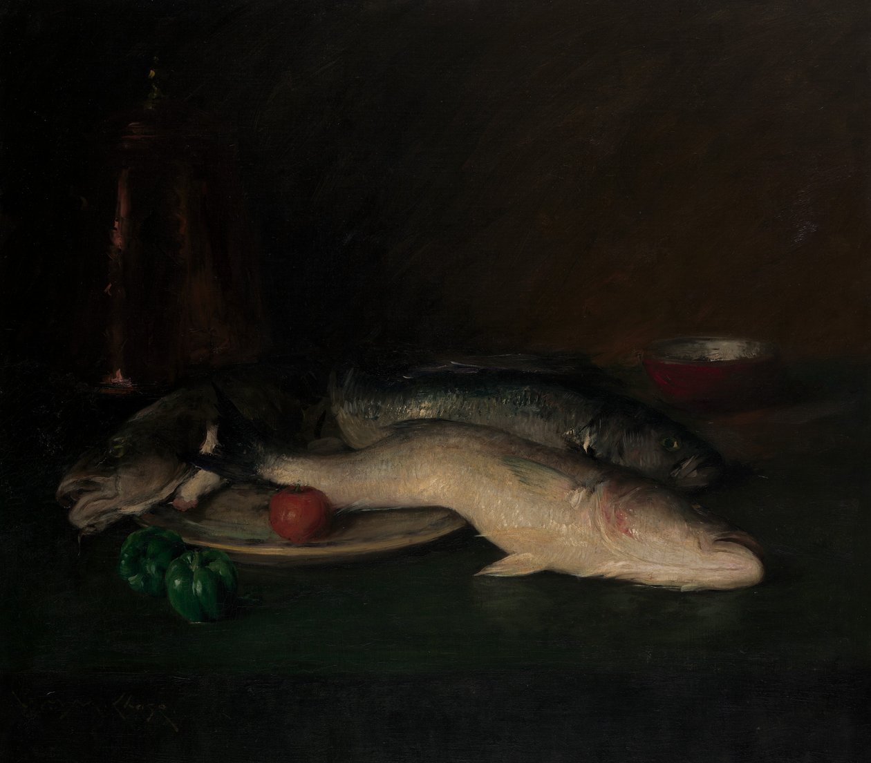 Asetelma: Kalat, vuodelta 1908. tekijältä William Merritt Chase