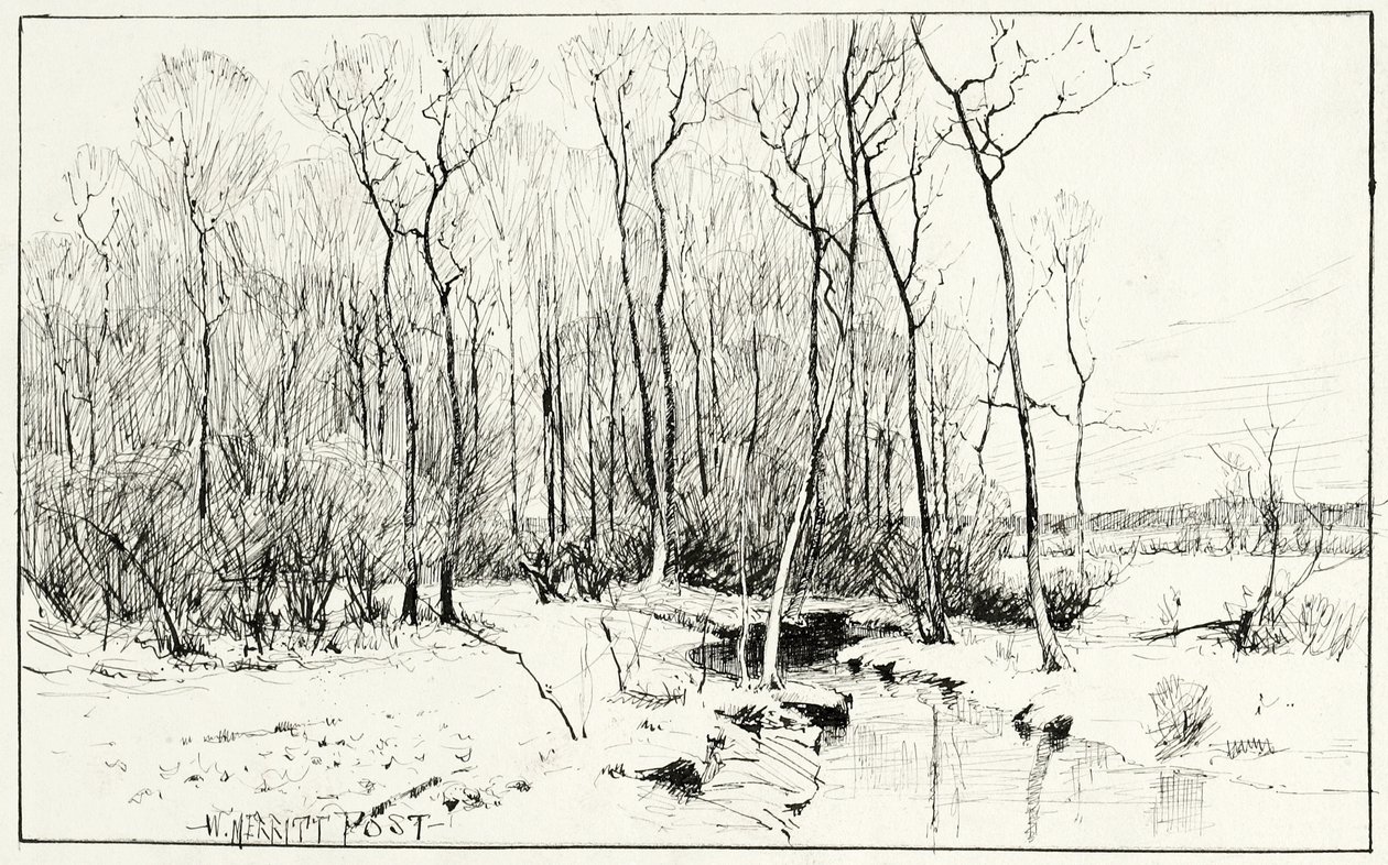 Nimetön, talvimaisema (kynä ja muste paperille) tekijältä William Merritt Chase