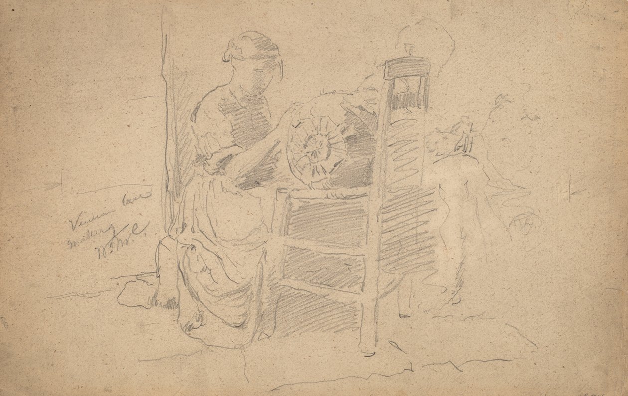 Venetsialainen pitsien teko, 1877-8 (grafiitti paperille) tekijältä William Merritt Chase