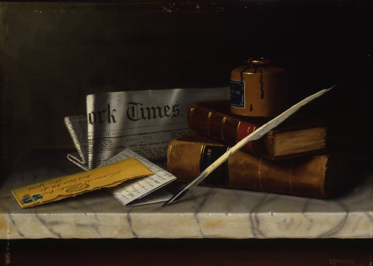 Asetelma, jossa on kirje herra Clarkelle, 1879 (öljy kankaalle kiinnitettynä masoniitille). tekijältä William Michael Harnett
