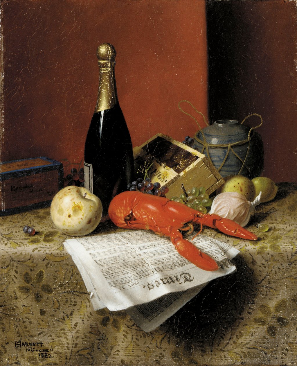 Asetelma hummerin, hedelmän, samppanjan ja sanomalehden kanssa, 1882 tekijältä William Michael Harnett