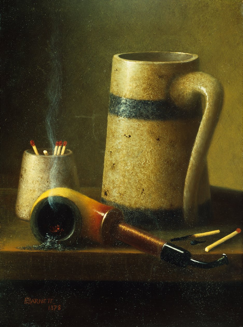 Asetelma piipun, mukin ja tulitikuilla (öljy kankaalle) tekijältä William Michael Harnett