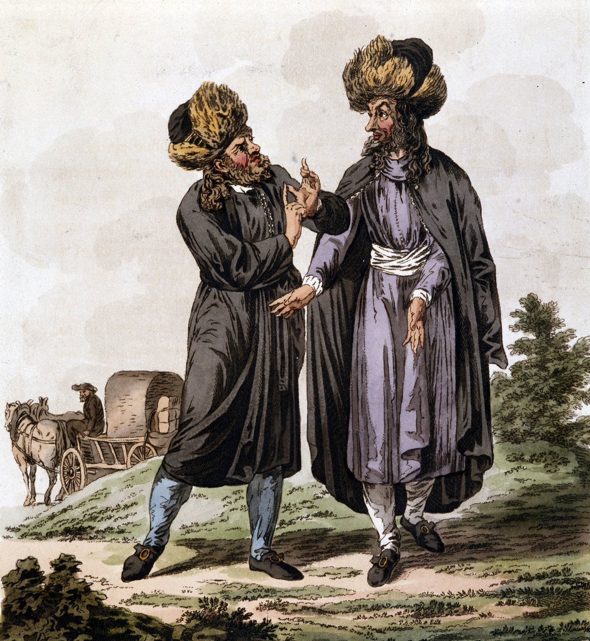 Puolan juutalaiset, kaiverrus Antoine François Bertrand de Mollevillen kirjasta "Itävallan perinnöllisten valtioiden puku" ja William Millerin (1796-1882) kuvittama vuonna 1804 tekijältä William Miller