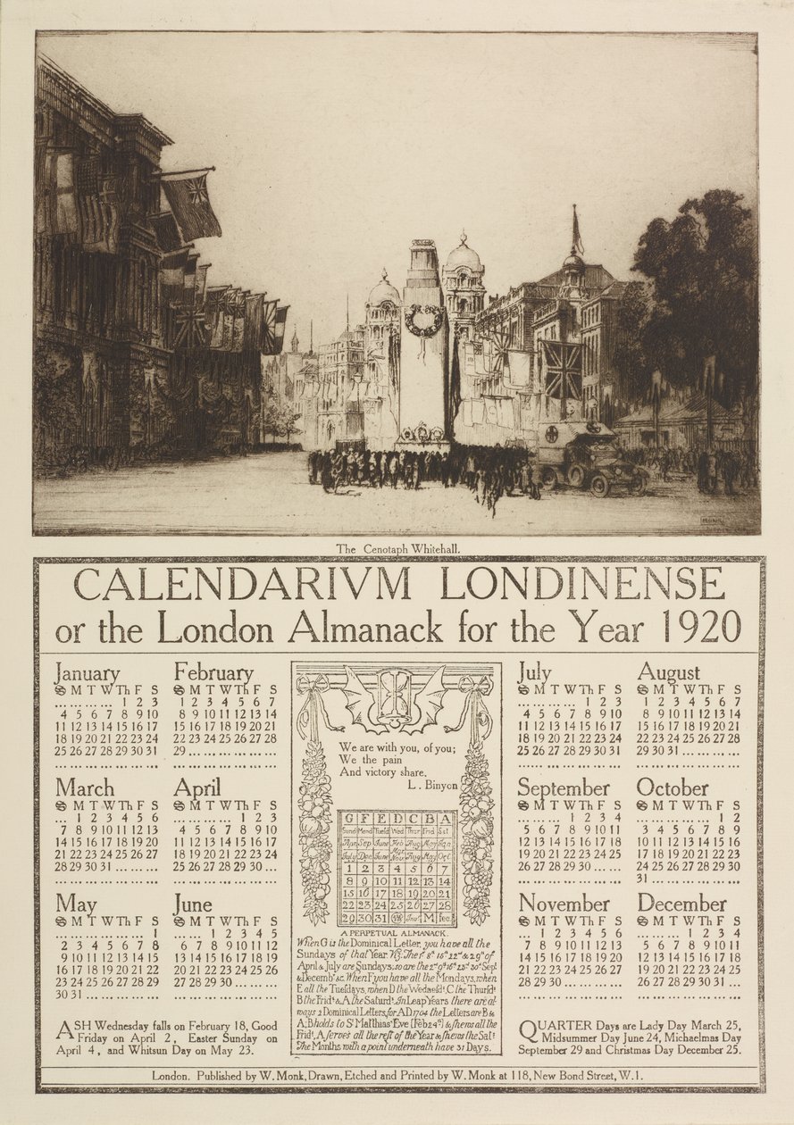 Calendarium Londinense eli Lontoon almanack vuodelle 1920, jonka päällä on näkymä Cenotaphille, Whitehall, 1919 tekijältä William Monk