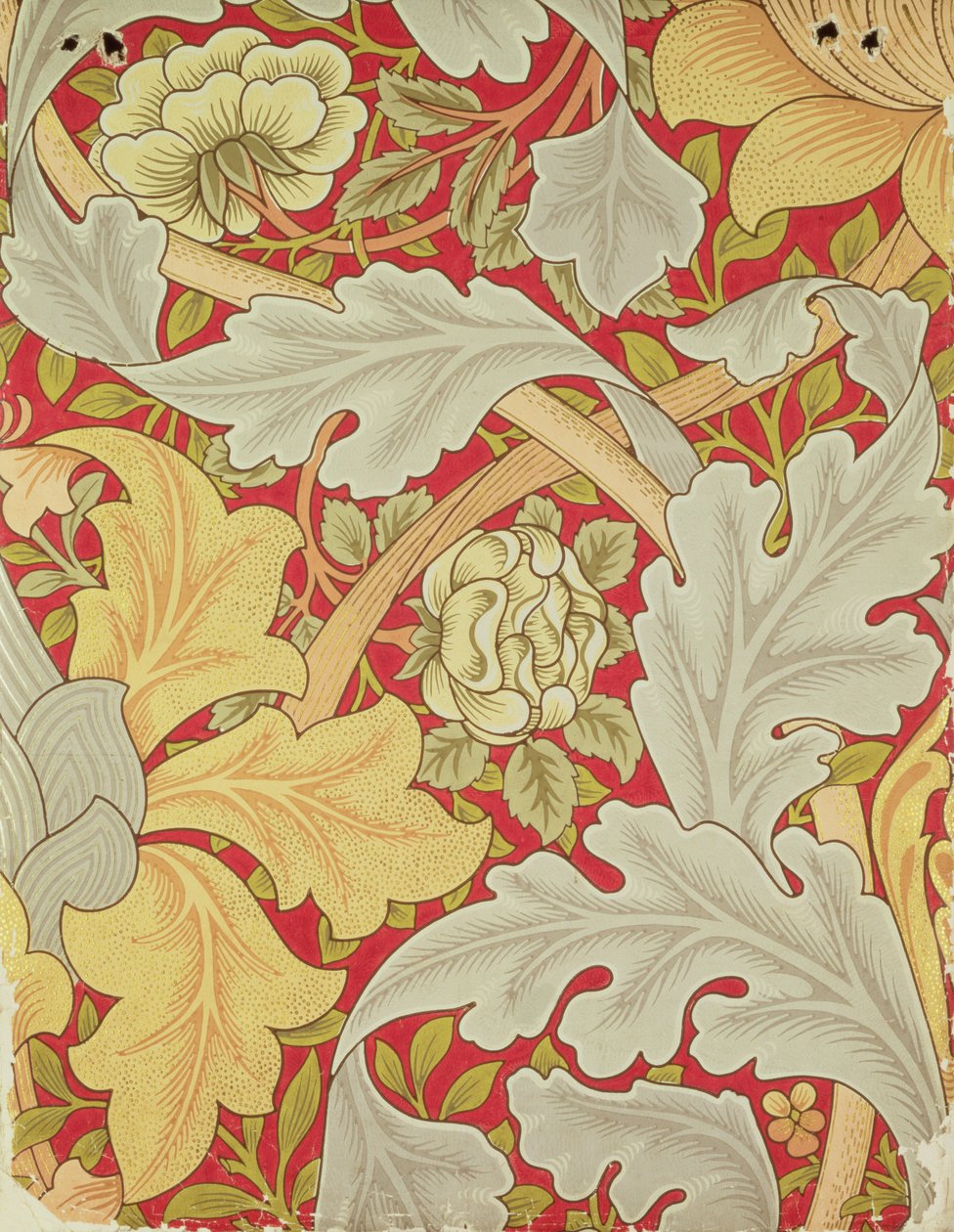 Acanthus-lehdet ja villiruusu karmiininpunaisella taustalla, tapettisuunnittelu tekijältä William Morris