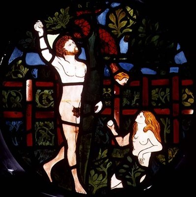 Adam ja Eeva poimivat hedelmiä, yksityiskohta luomisikkunasta tekijältä William Morris