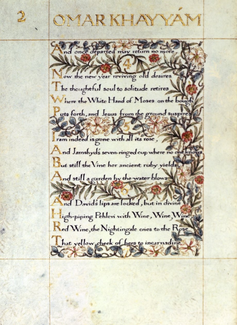 Lisää 37832 fol.1v Koristeltu käännös teoksesta "The Rubaiyat of Omar Khayyam" tekijältä William Morris
