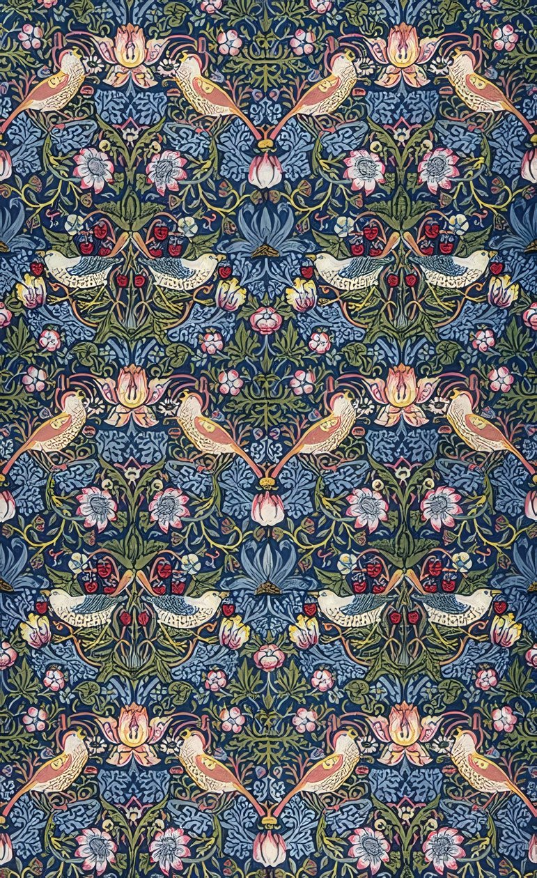 Mansikkavaras. Koristeellinen kangas. 1883 tekijältä William Morris