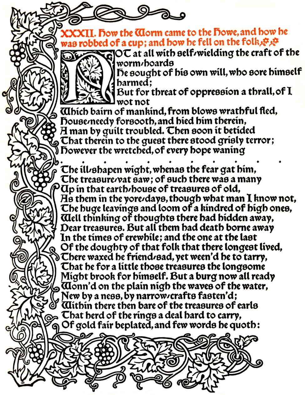 Kelmscott Press: sivu teoksesta The Tale of Beowulf painettu Troy Type -kirjaimella, n. 1895, 1914. tekijältä William Morris