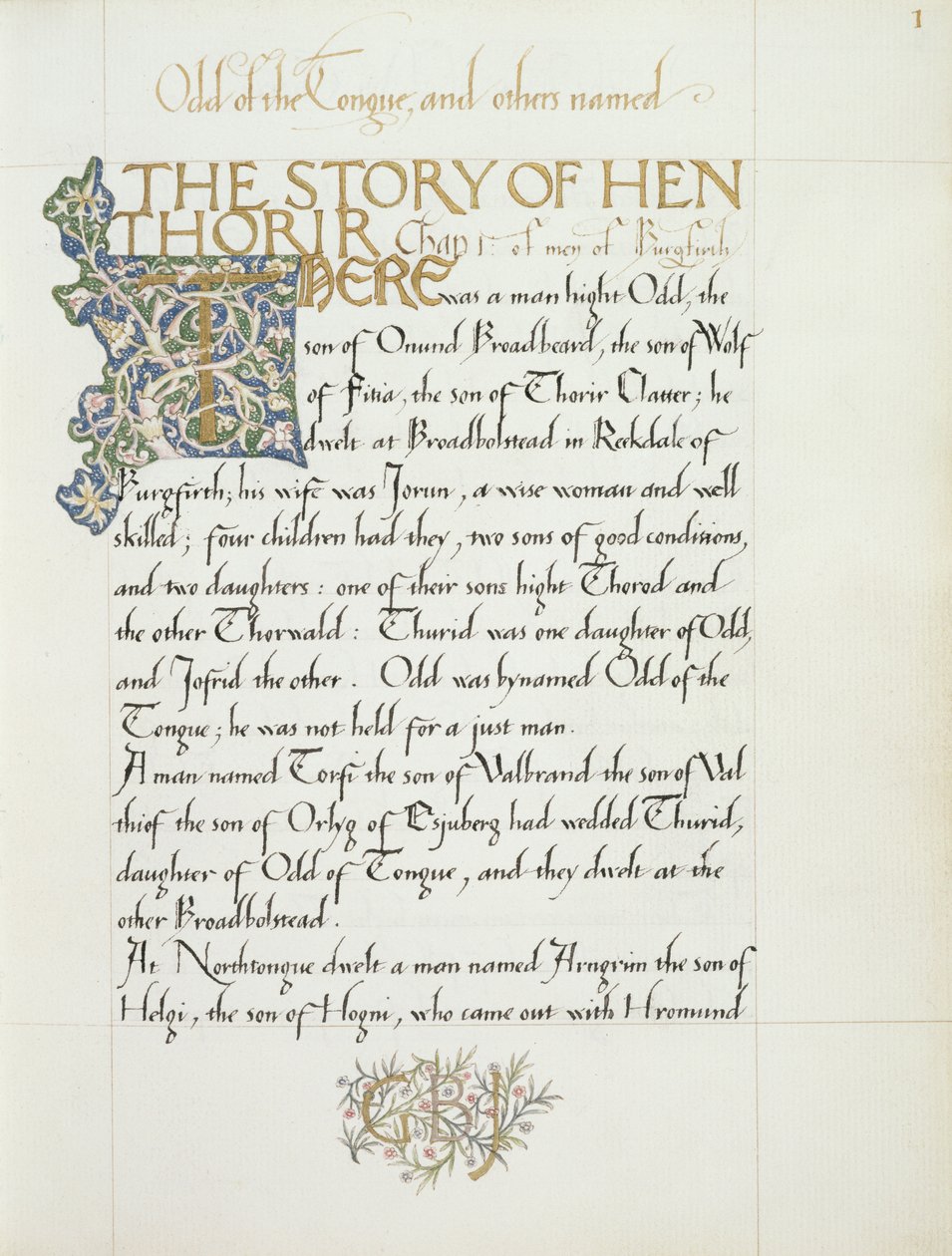 Ms 270* f.1r Hen Thoririn tarina, noin 1873-4 (paperi). tekijältä William Morris