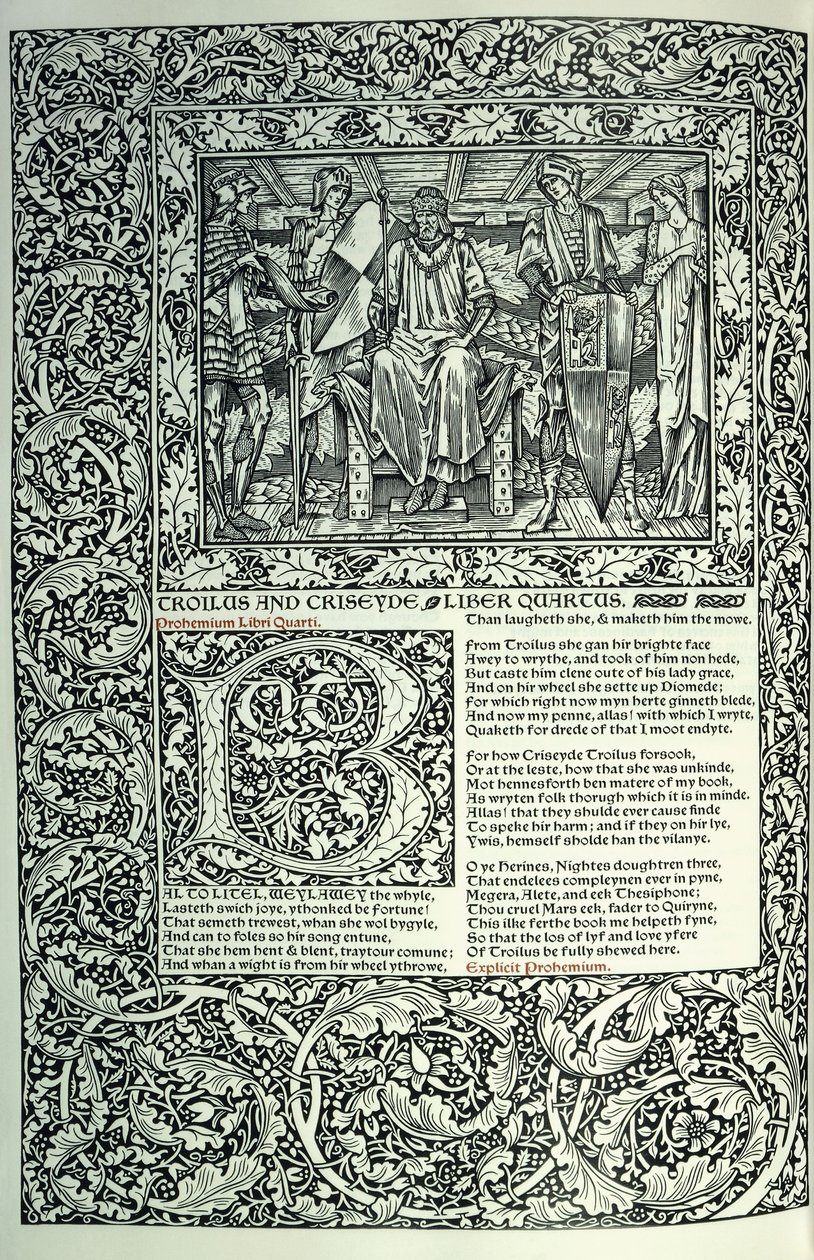 Kohtaus "Troilus ja Criseyde", historiallinen alkukirjain "B", käsikirjoitus koko sivureunuksella, 1896 tekijältä William Morris