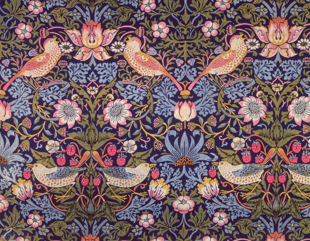 "The Strawberry Thief" -tekstiili, jonka suunnitteli William Morris (1834-96) 1883 (painettu puuvilla) tekijältä William Morris