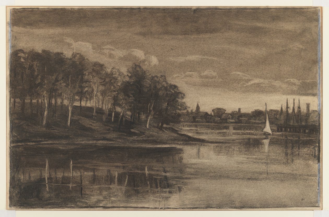 Maisema – järvimaisema (hiili ja liitu paperille) tekijältä William Morris Hunt