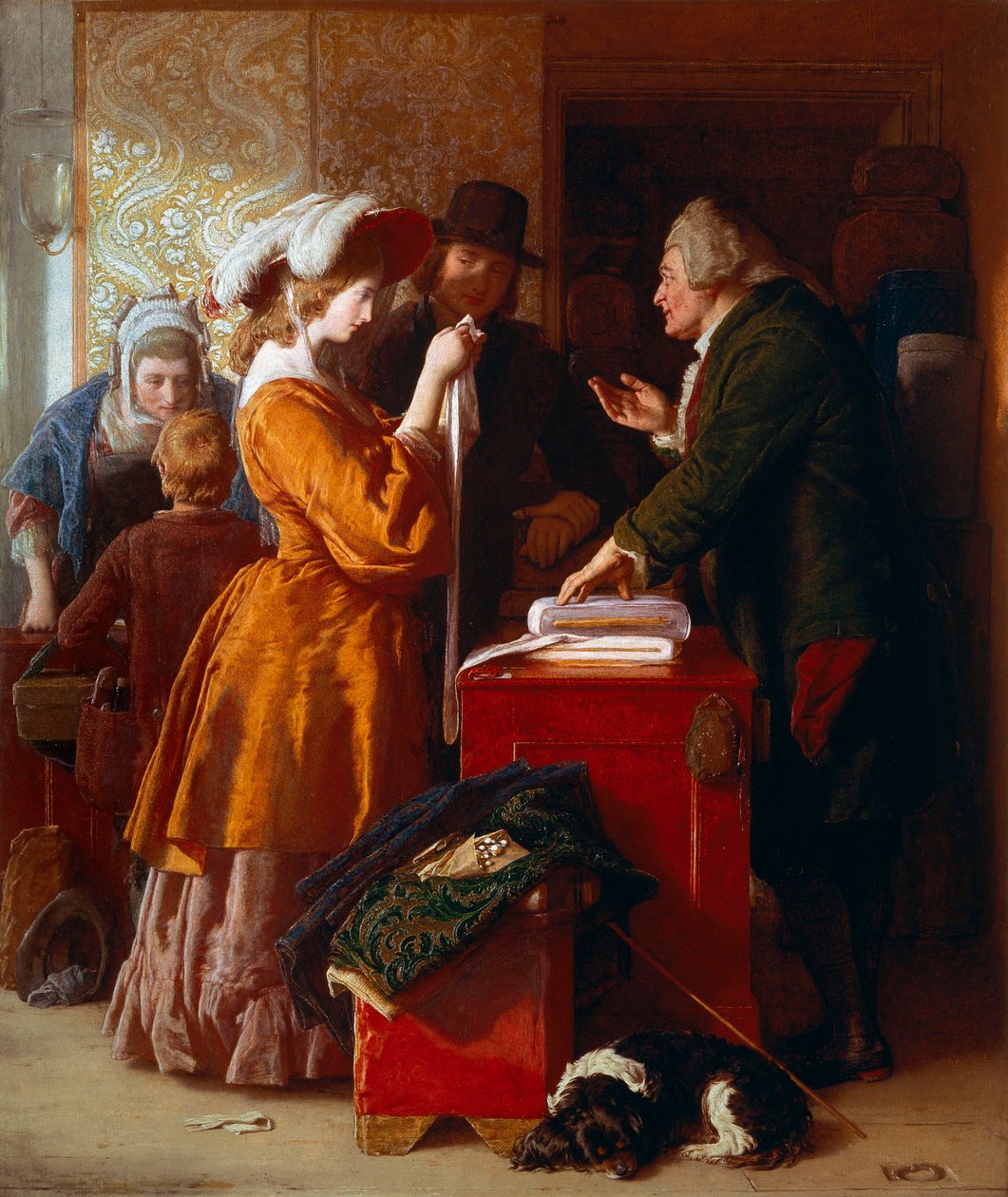 "" Hääpuvun valinta "" Yksityiskohta. William Mulreadyn (1786-1863) maalaus. 1845. Lontoo. Victoria and Albert Museum. tekijältä William Mulready
