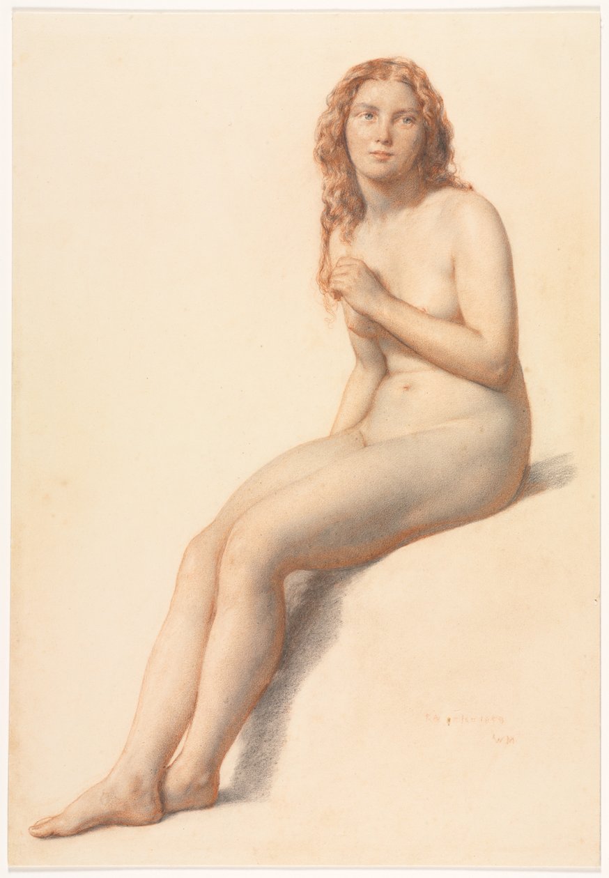 Nainen alaston, istuva, kolme neljäsosaa näkymä edestä tekijältä William Mulready