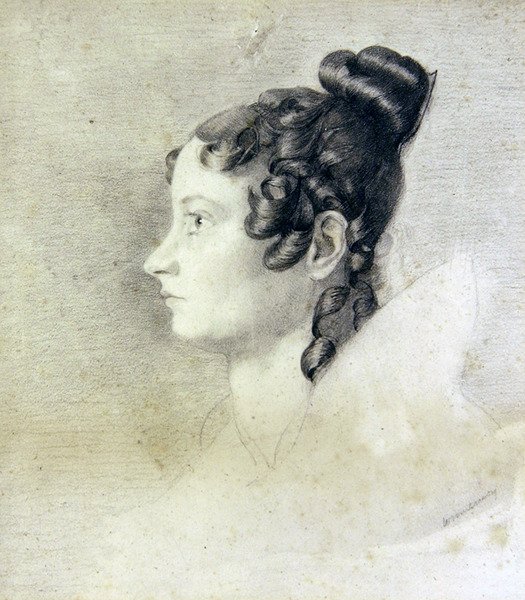 Charlotte Rolfen muotokuva (kynä ja värikynä paperille) tekijältä William Mulready